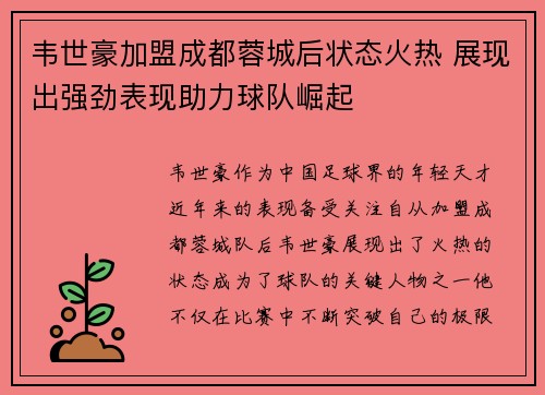 韦世豪加盟成都蓉城后状态火热 展现出强劲表现助力球队崛起